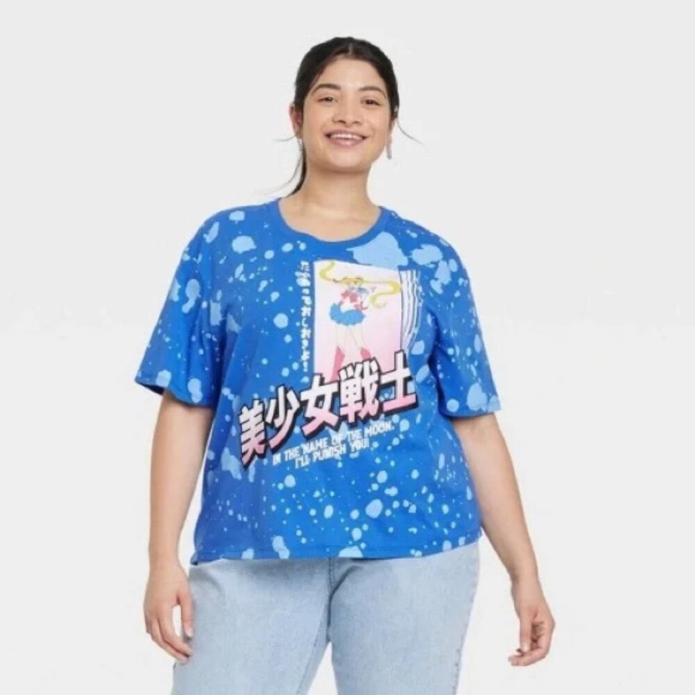Sailor Moon Plus Size Blue Splatter Cropped Short Sleeve T-shirt XXL